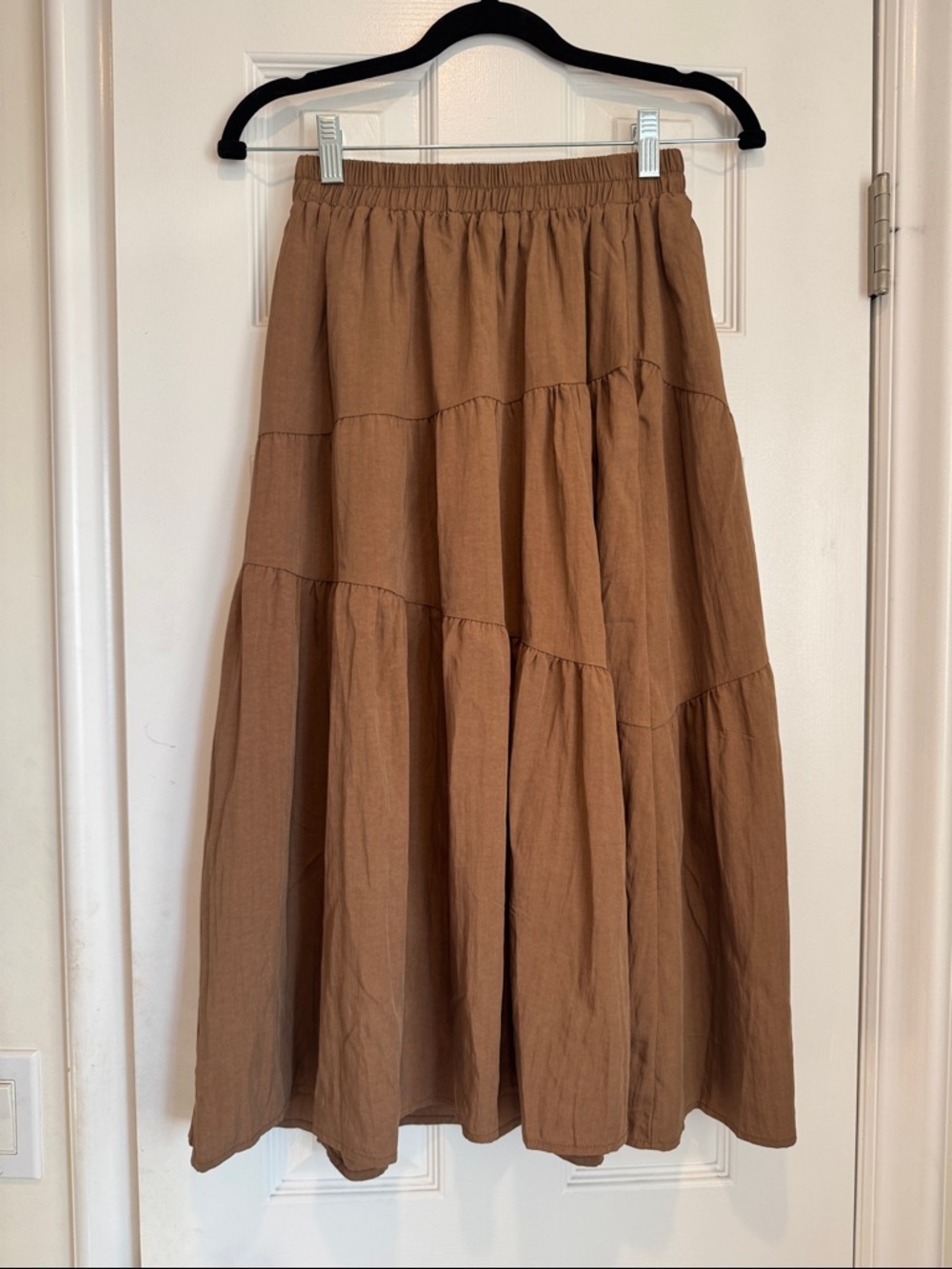 Linen Brown Tiered Midi Skirt - Elastic Waist